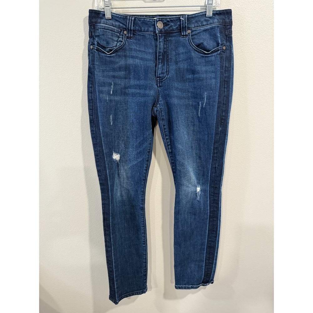 CAbi Straight Jeans Women's 8‎ Blue Denim Distressed Mid Rise Stretch 5 Pocket
